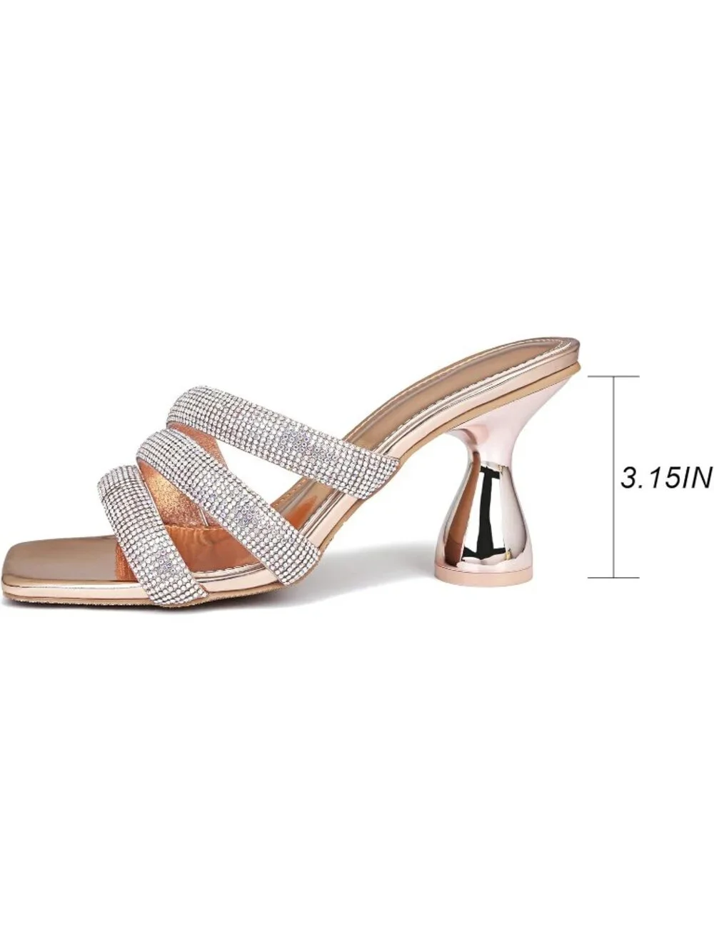 Women's Champagne Rhinestone Square Toe Backless 3.15 IN Chunky High Heel Sandal